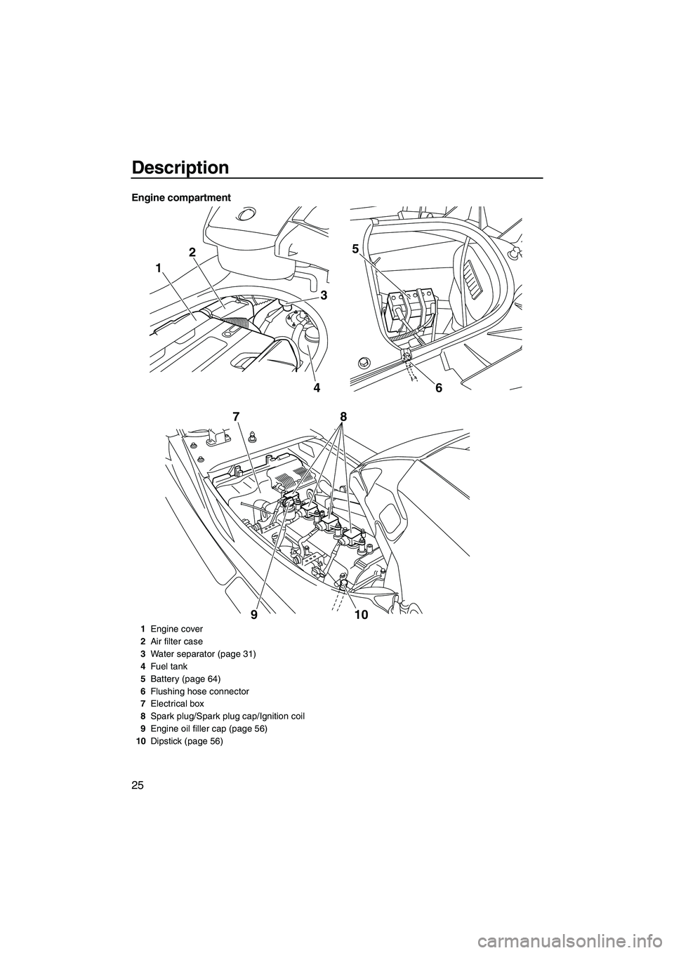 YAMAHA FX SHO 2010 Owners Guide Description
25
Engine compartment
1
3
6 4 25
10 9 78
1Engine cover
2Air filter case
3Water separator (page 31)
4Fuel tank
5Battery (page 64)
6Flushing hose connector
7Electrical box
8Spark plug/Spark 