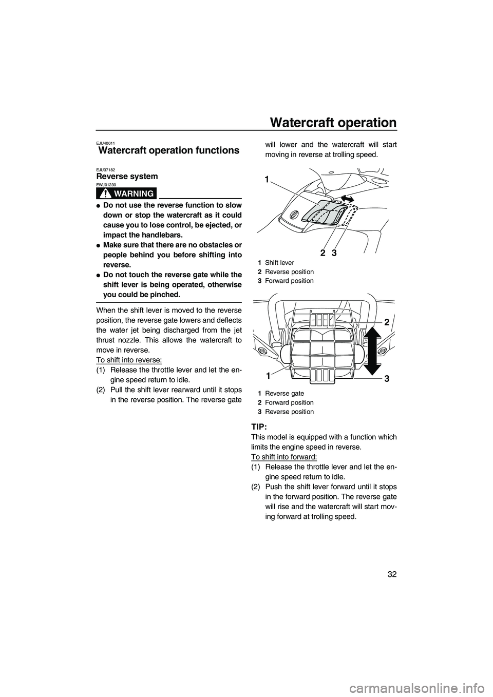 YAMAHA FX SHO 2010 Owners Guide Watercraft operation
32
EJU40011
Watercraft operation functions 
EJU37182Reverse system 
WARNING
EWJ01230
Do not use the reverse function to slow
down or stop the watercraft as it could
cause you to 