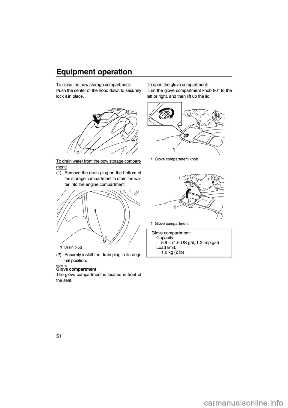 YAMAHA FX SHO 2010 Workshop Manual Equipment operation
51
To close the bow storage compartment:
Push the center of the hood down to securely
lock it in place.
To drain water from the bow storage compart-
ment:
(1) Remove the drain plug YAMAHA FX SHO 2010 Workshop Manual Equipment operation
51
To close the bow storage compartment:
Push the center of the hood down to securely
lock it in place.
To drain water from the bow storage compart-
ment:
(1) Remove the drain plug