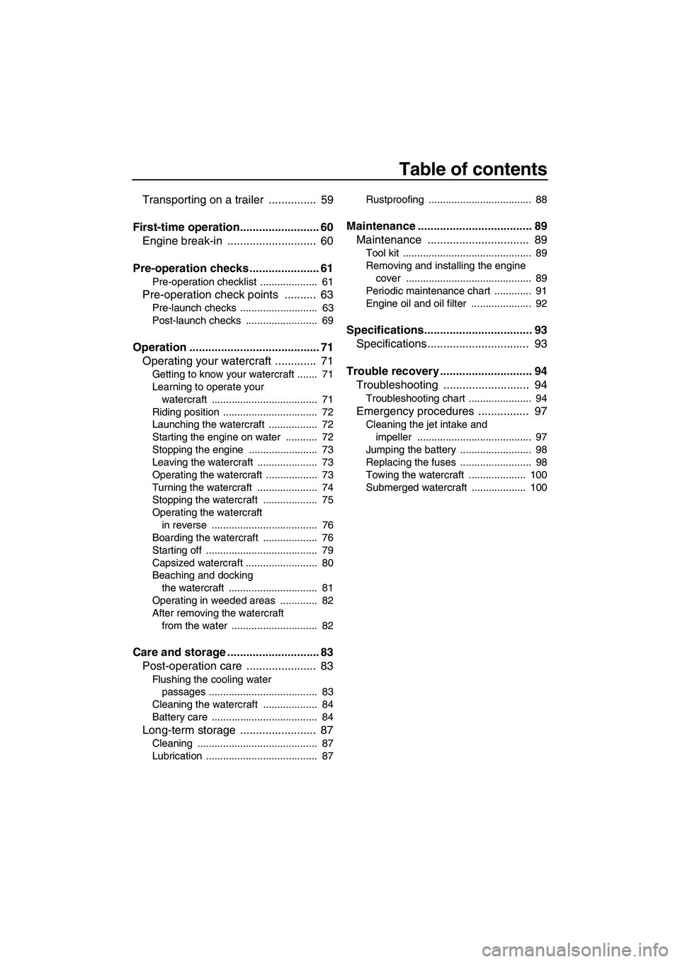 YAMAHA SVHO CRUISER 2010  Owners Manual Table of contents
Transporting on a trailer  ...............  59
First-time operation......................... 60
Engine break-in  ............................  60
Pre-operation checks ...............