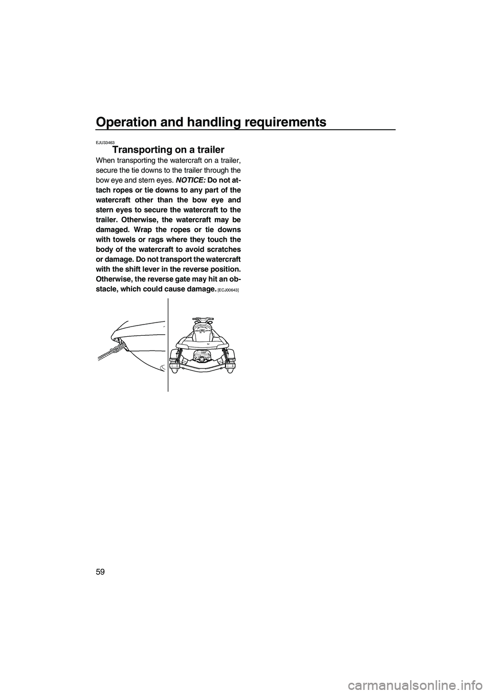 YAMAHA FX SHO 2010 Repair Manual Operation and handling requirements
59
EJU33463
Transporting on a trailer 
When transporting the watercraft on a trailer,
secure the tie downs to the trailer through the
bow eye and stern eyes. NOTICE