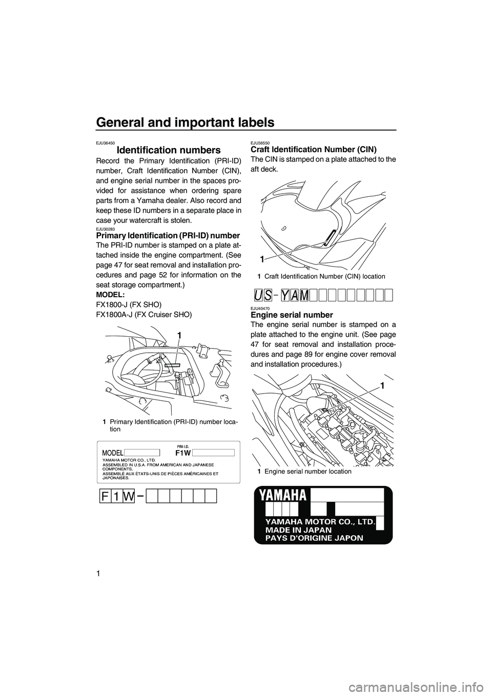 YAMAHA FX SHO 2010 Owners Manual General and important labels
1
EJU36450
Identification numbers
Record the Primary Identification (PRI-ID)
number, Craft Identification Number (CIN),
and engine serial number in the spaces pro-
vided YAMAHA FX SHO 2010 Owners Manual General and important labels
1
EJU36450
Identification numbers
Record the Primary Identification (PRI-ID)
number, Craft Identification Number (CIN),
and engine serial number in the spaces pro-
vided