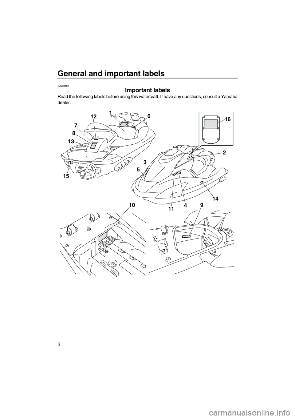 YAMAHA SVHO 2010  Owners Manual General and important labels
3
EJU30452
Important labels 
Read the following labels before using this watercraft. If have any questions, consult a Yamaha
dealer.
15
1387121
6
4
10914216
3
511
UF1W72E0