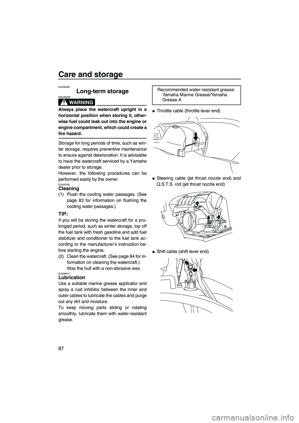 YAMAHA FX SHO 2010  Owners Manual Care and storage
87
EJU33492
Long-term storage 
WARNING
EWJ00330
Always place the watercraft upright in a
horizontal position when storing it, other-
wise fuel could leak out into the engine or
engine