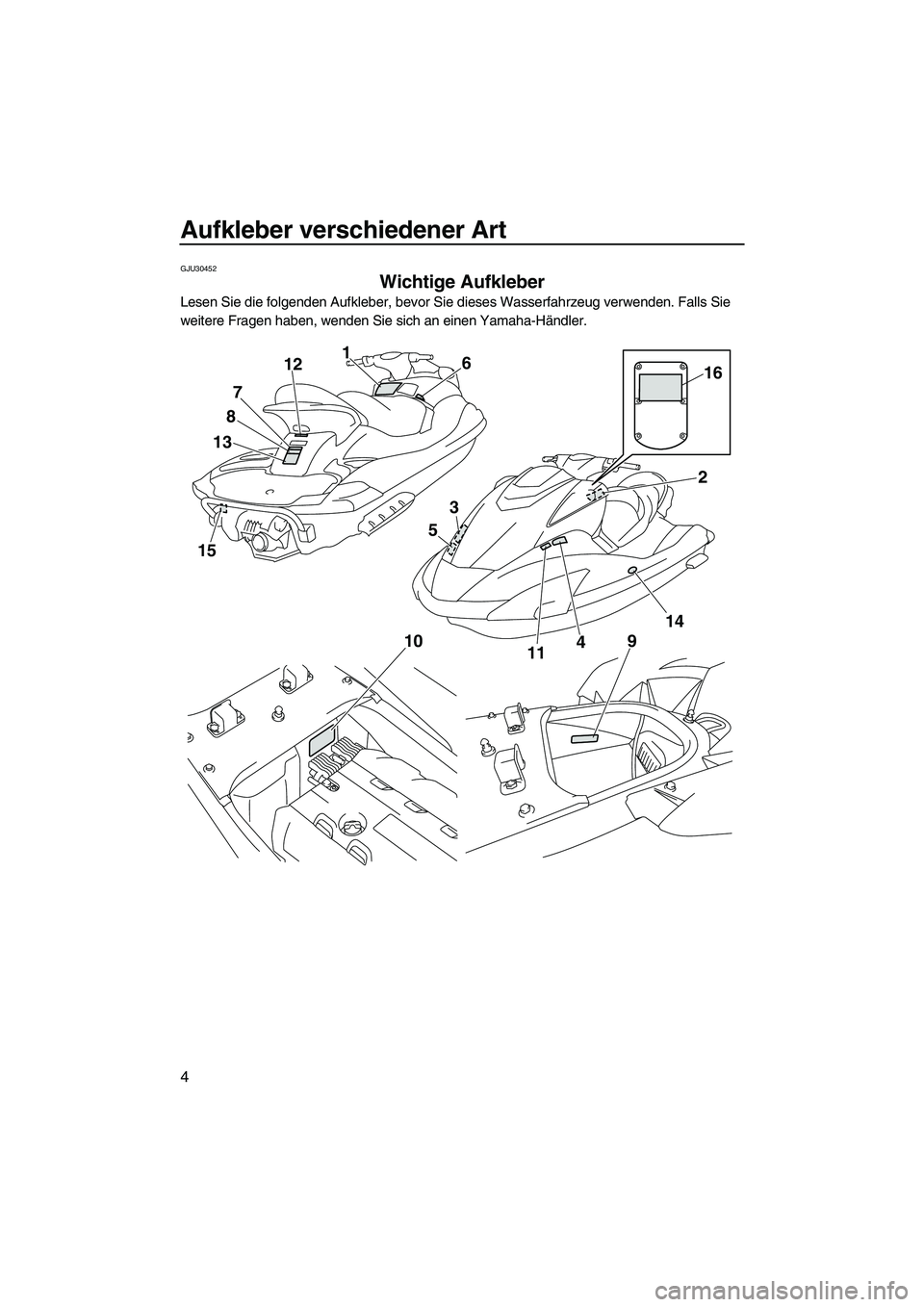 YAMAHA SVHO CRUISER 2010  Betriebsanleitungen (in German) Aufkleber verschiedener Art
4
GJU30452
Wichtige Aufkleber 
Lesen Sie die folgenden Aufkleber, bevor Sie dieses Wasserfahrzeug verwenden. Falls Sie 
weitere Fragen haben, wenden Sie sich an einen Yamah