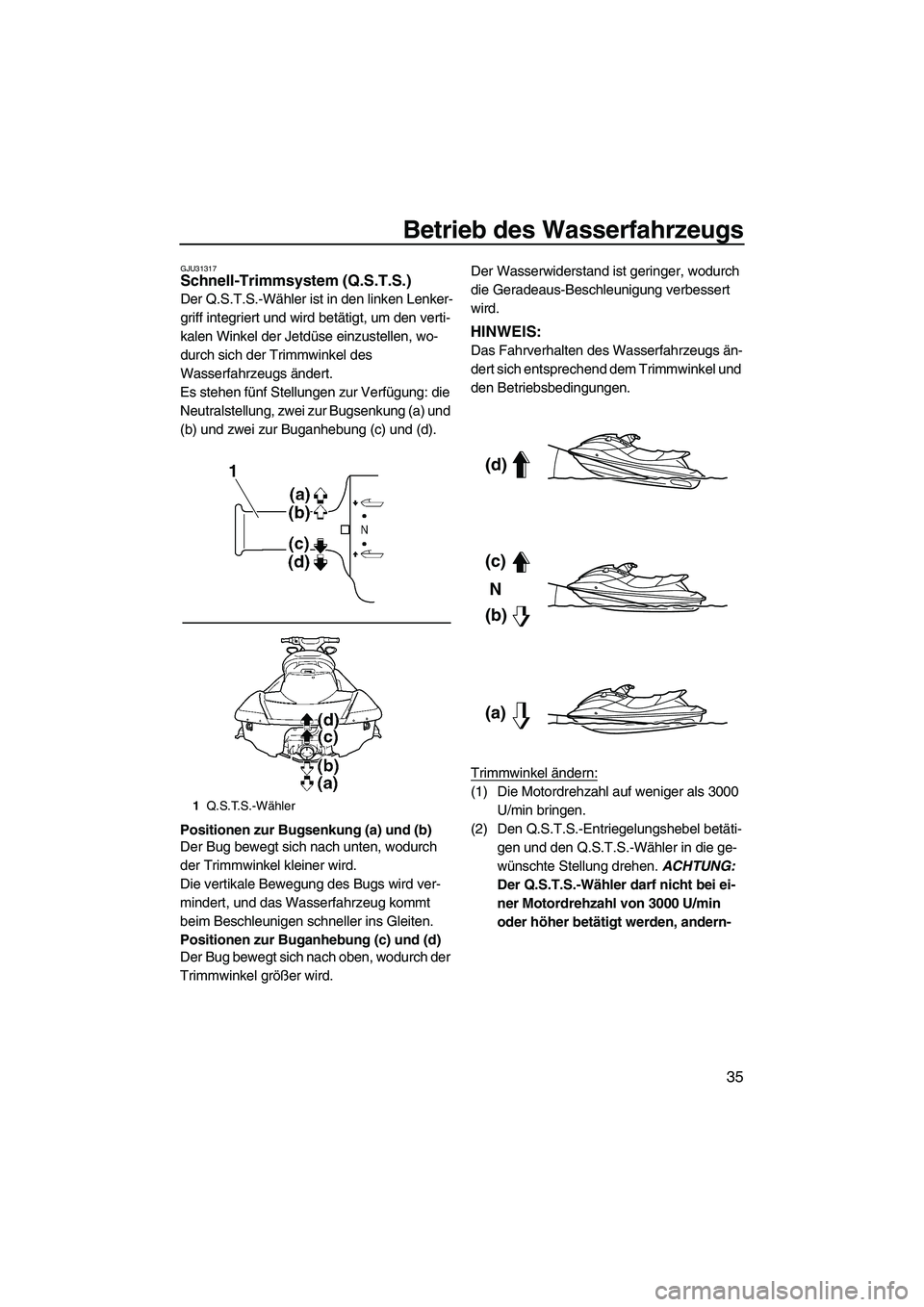 YAMAHA SVHO CRUISER 2010  Betriebsanleitungen (in German) Betrieb des Wasserfahrzeugs
35
GJU31317Schnell-Trimmsystem (Q.S.T.S.) 
Der Q.S.T.S.-Wähler ist in den linken Lenker-
griff integriert und wird betätigt, um den verti-
kalen Winkel der Jetdüse einzu