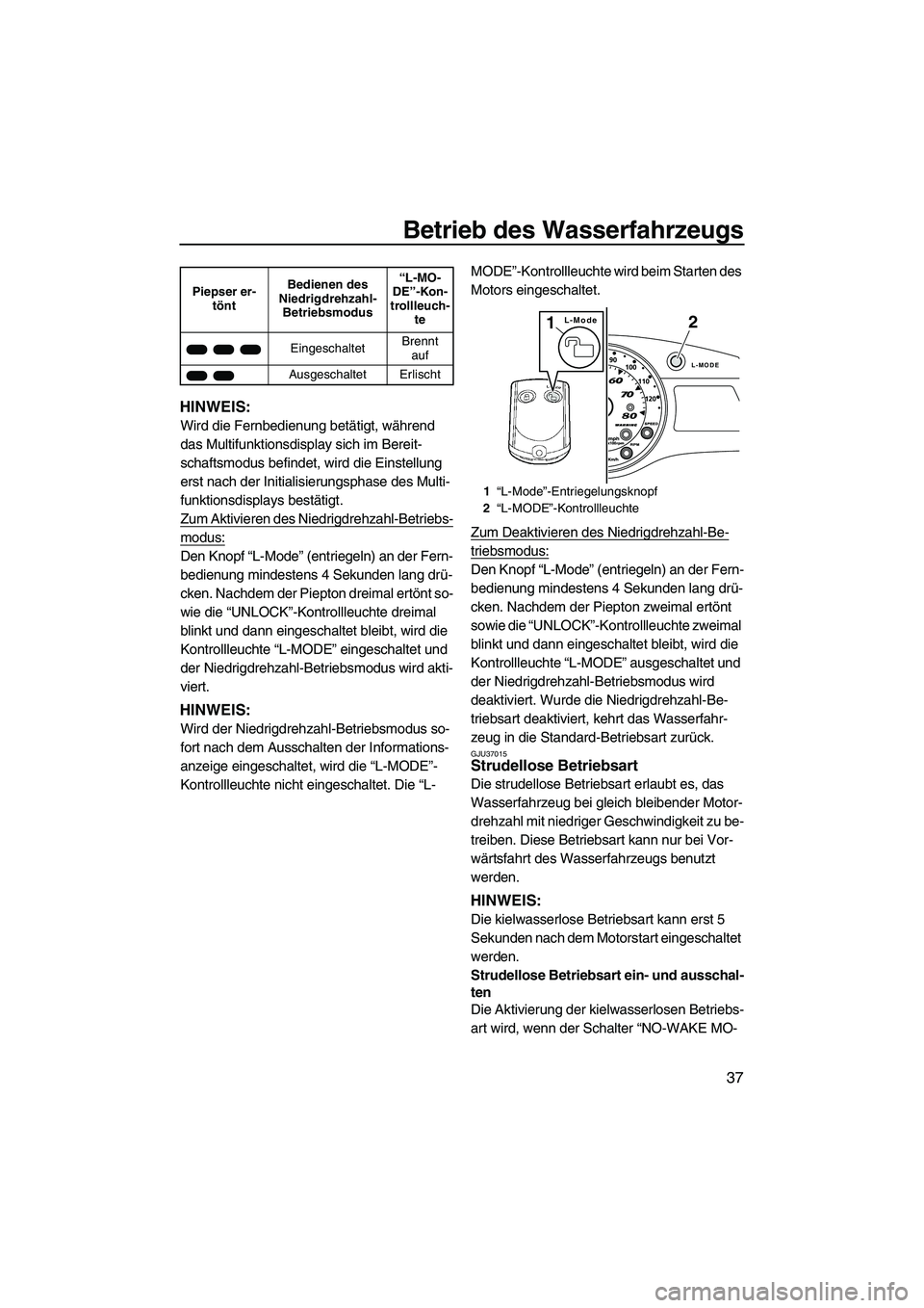 YAMAHA SVHO CRUISER 2010  Betriebsanleitungen (in German) Betrieb des Wasserfahrzeugs
37
HINWEIS:
Wird die Fernbedienung betätigt, während 
das Multifunktionsdisplay sich im Bereit-
schaftsmodus befindet, wird die Einstellung 
erst nach der Initialisierung