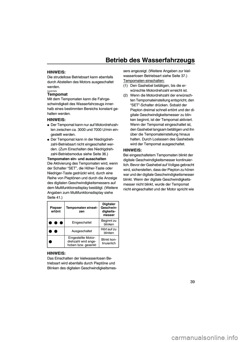 YAMAHA SVHO CRUISER 2010  Betriebsanleitungen (in German) Betrieb des Wasserfahrzeugs
39
HINWEIS:
Die strudellose Betriebsart kann ebenfalls 
durch Abstellen des Motors ausgeschaltet 
werden.
GJU37025Tempomat 
Mit dem Tempomaten kann die Fahrge-
schwindigkei