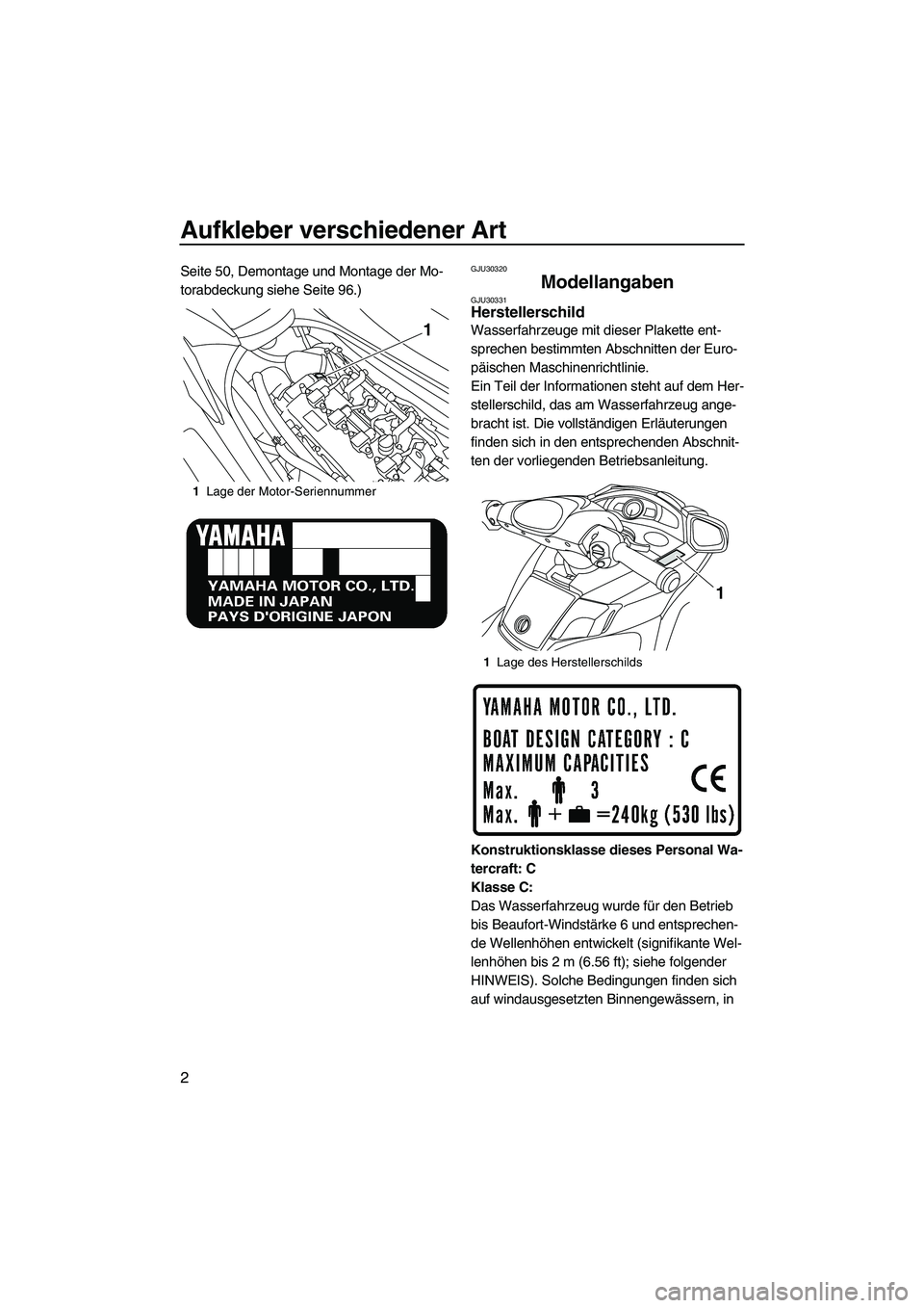 YAMAHA FX SHO 2010  Betriebsanleitungen (in German) Aufkleber verschiedener Art
2
Seite 50, Demontage und Montage der Mo-
torabdeckung siehe Seite 96.)GJU30320
Modellangaben GJU30331Herstellerschild 
Wasserfahrzeuge mit dieser Plakette ent-
sprechen be