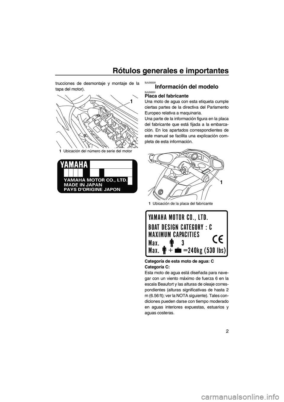 YAMAHA FX SHO 2010 Manuale de Empleo (in Spanish) Rótulos generales e importantes
2
trucciones de desmontaje y montaje de la
tapa del motor).SJU30320
Información del modelo SJU30331Placa del fabricante
Una moto de agua con esta etiqueta cumple
cie YAMAHA FX SHO 2010 Manuale de Empleo (in Spanish) Rótulos generales e importantes
2
trucciones de desmontaje y montaje de la
tapa del motor).SJU30320
Información del modelo SJU30331Placa del fabricante
Una moto de agua con esta etiqueta cumple
cie