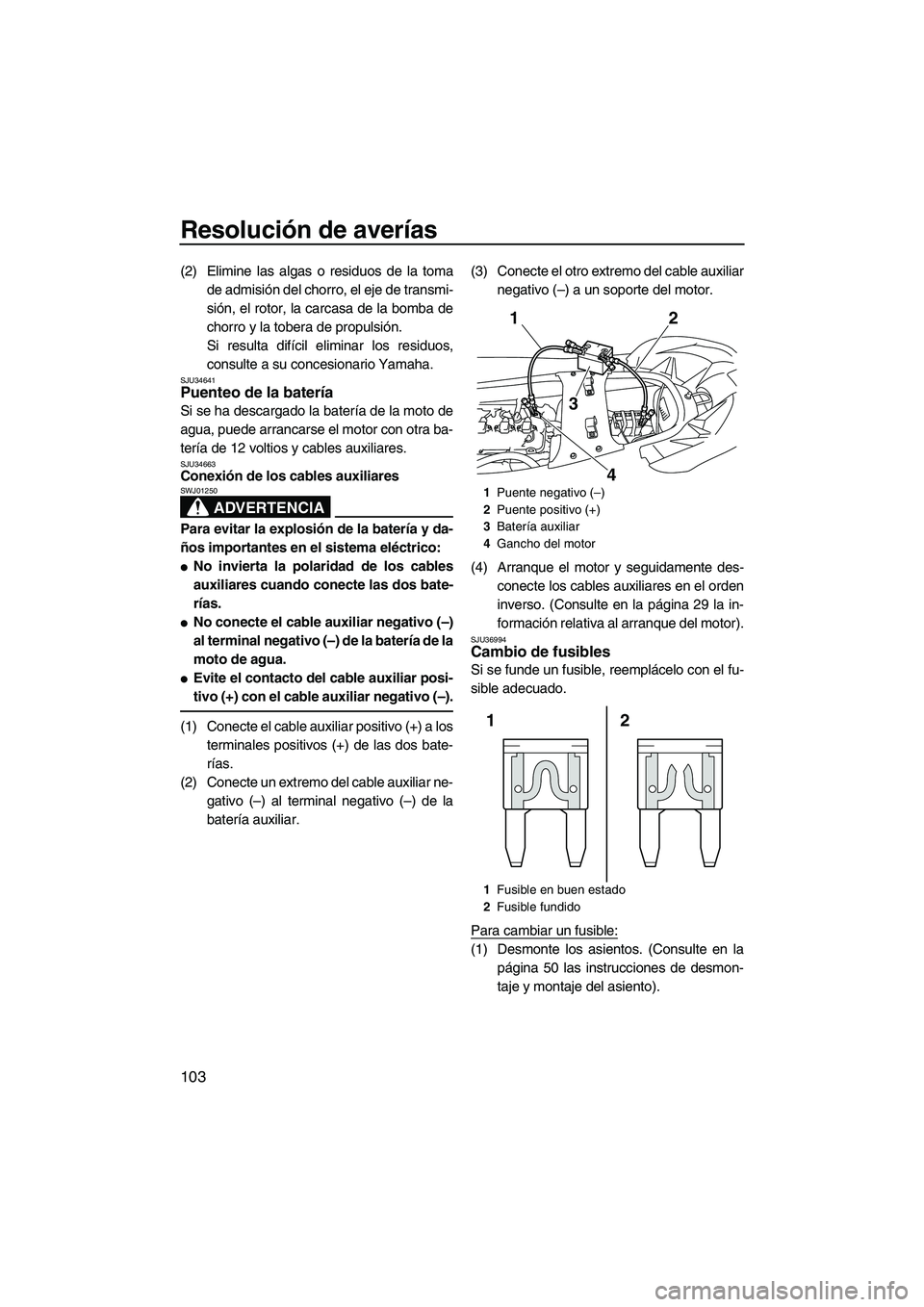 YAMAHA FX SHO 2010 Manuale de Empleo (in Spanish) Resolución de averías
103
(2) Elimine las algas o residuos de la toma
de admisión del chorro, el eje de transmi-
sión, el rotor, la carcasa de la bomba de
chorro y la tobera de propulsión.
Si res YAMAHA FX SHO 2010 Manuale de Empleo (in Spanish) Resolución de averías
103
(2) Elimine las algas o residuos de la toma
de admisión del chorro, el eje de transmi-
sión, el rotor, la carcasa de la bomba de
chorro y la tobera de propulsión.
Si res