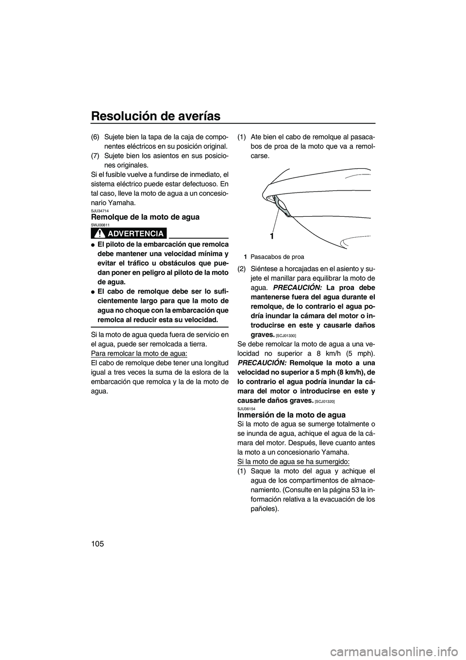 YAMAHA FX SHO 2010 Manuale de Empleo (in Spanish) Resolución de averías
105
(6) Sujete bien la tapa de la caja de compo-
nentes eléctricos en su posición original.
(7) Sujete bien los asientos en sus posicio-
nes originales.
Si el fusible vuelve YAMAHA FX SHO 2010 Manuale de Empleo (in Spanish) Resolución de averías
105
(6) Sujete bien la tapa de la caja de compo-
nentes eléctricos en su posición original.
(7) Sujete bien los asientos en sus posicio-
nes originales.
Si el fusible vuelve