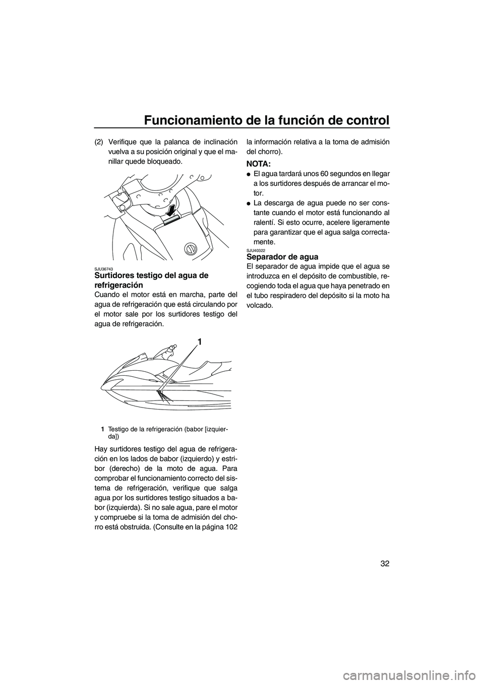 YAMAHA FX SHO 2010  Manuale de Empleo (in Spanish) Funcionamiento de la función de control
32
(2) Verifique que la palanca de inclinación
vuelva a su posición original y que el ma-
nillar quede bloqueado.
SJU36743Surtidores testigo del agua de 
ref