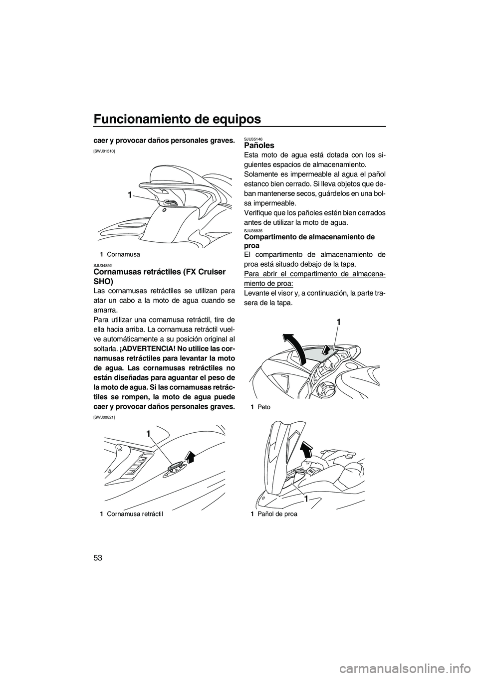 YAMAHA FX SHO 2010  Manuale de Empleo (in Spanish) Funcionamiento de equipos
53
caer y provocar daños personales graves.
[SWJ01510]
SJU34892
Cornamusas retráctiles (FX Cruiser 
SHO) 
Las cornamusas retráctiles se utilizan para
atar un cabo a la mot