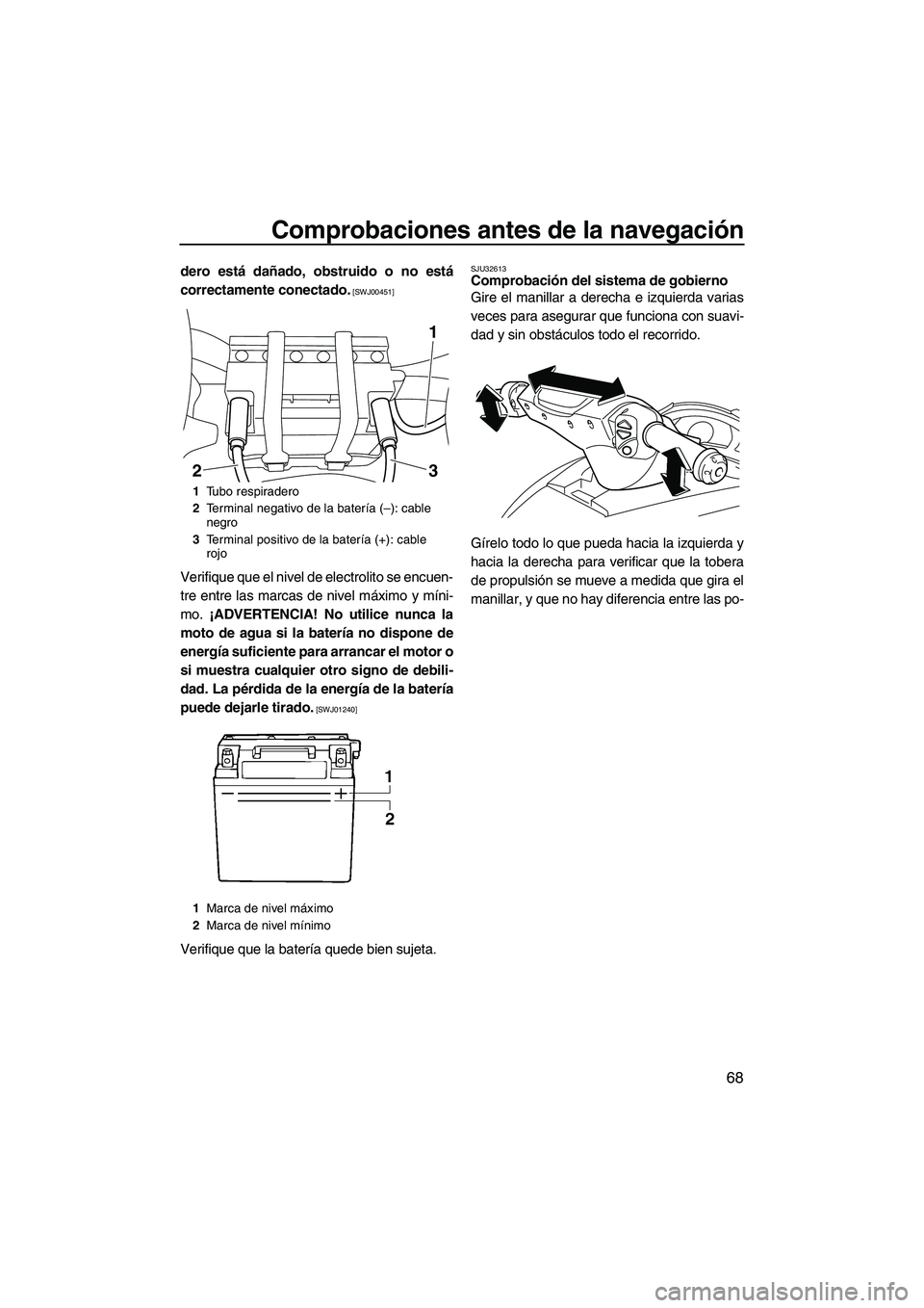 YAMAHA SVHO 2010  Manuale de Empleo (in Spanish) Comprobaciones antes de la navegación
68
dero está dañado, obstruido o no está
correctamente conectado.
 [SWJ00451]
Verifique que el nivel de electrolito se encuen-
tre entre las marcas de nivel m