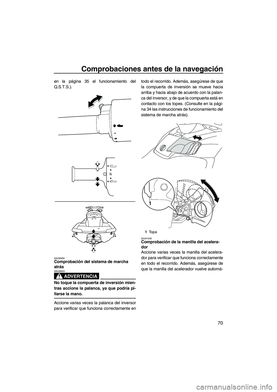 YAMAHA SVHO 2010  Manuale de Empleo (in Spanish) Comprobaciones antes de la navegación
70
en la página 35 el funcionamiento del
Q.S.T.S.).
SJU32634Comprobación del sistema de marcha 
atrás 
ADVERTENCIA
SWJ00031
No toque la compuerta de inversió
