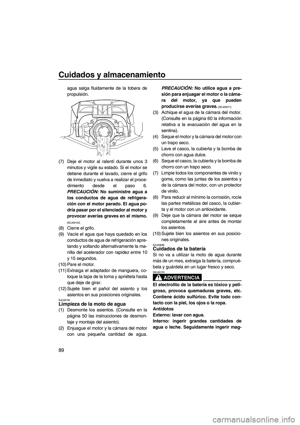 YAMAHA FX SHO 2010 Manuale de Empleo (in Spanish) Cuidados y almacenamiento
89
agua salga fluidamente de la tobera de
propulsión.
(7) Deje el motor al ralentí durante unos 3
minutos y vigile su estado. Si el motor se
detiene durante el lavado, cier YAMAHA FX SHO 2010 Manuale de Empleo (in Spanish) Cuidados y almacenamiento
89
agua salga fluidamente de la tobera de
propulsión.
(7) Deje el motor al ralentí durante unos 3
minutos y vigile su estado. Si el motor se
detiene durante el lavado, cier