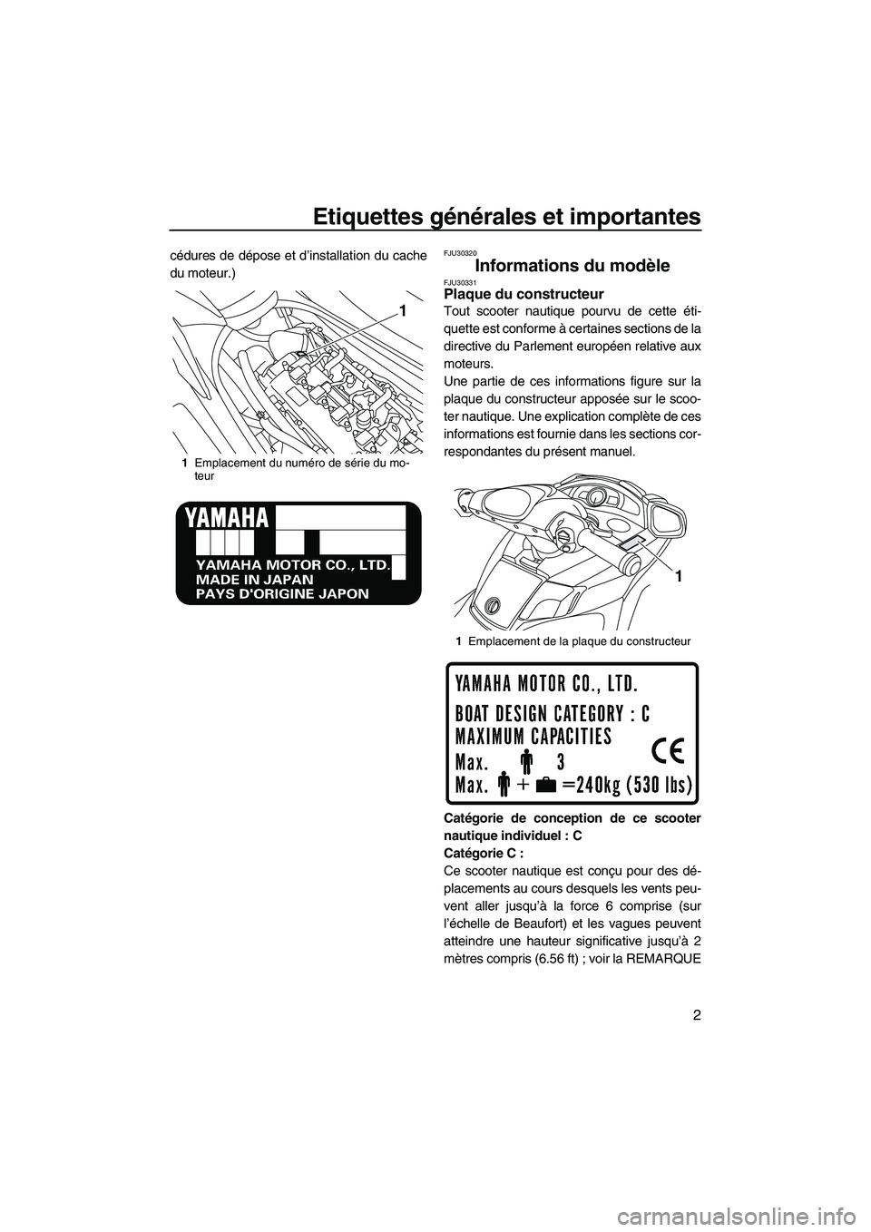 YAMAHA FX SHO 2010  Notices Demploi (in French) Etiquettes générales et importantes
2
cédures de dépose et d’installation du cache
du moteur.)FJU30320
Informations du modèle FJU30331Plaque du constructeur 
Tout scooter nautique pourvu de cet