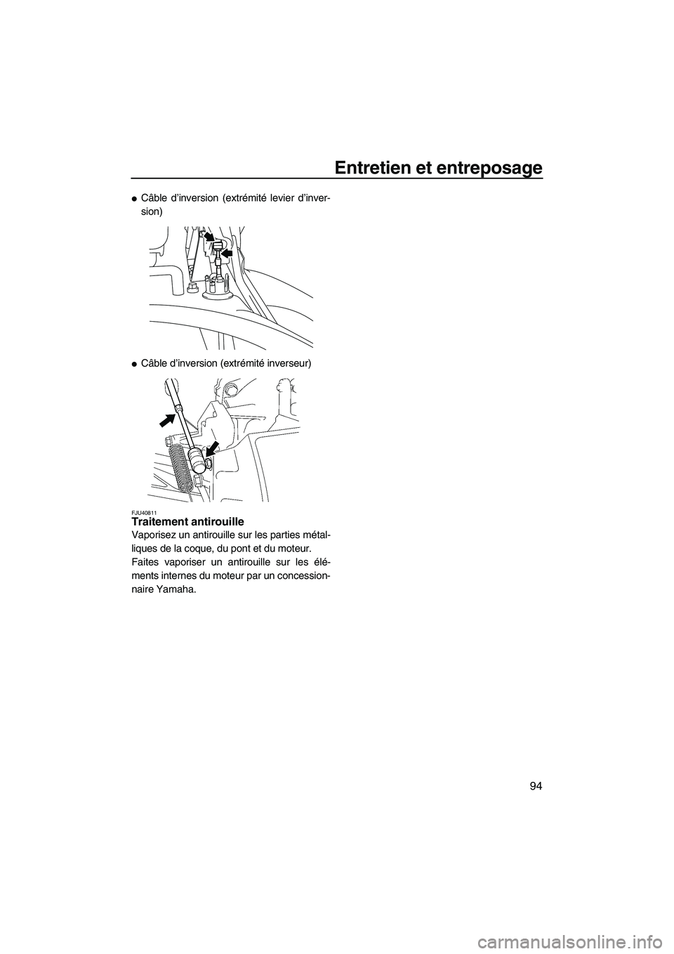 YAMAHA SVHO 2010  Notices Demploi (in French) Entretien et entreposage
94
Câble d’inversion (extrémité levier d’inver-
sion)
Câble d’inversion (extrémité inverseur)
FJU40811Traitement antirouille 
Vaporisez un antirouille sur les pa