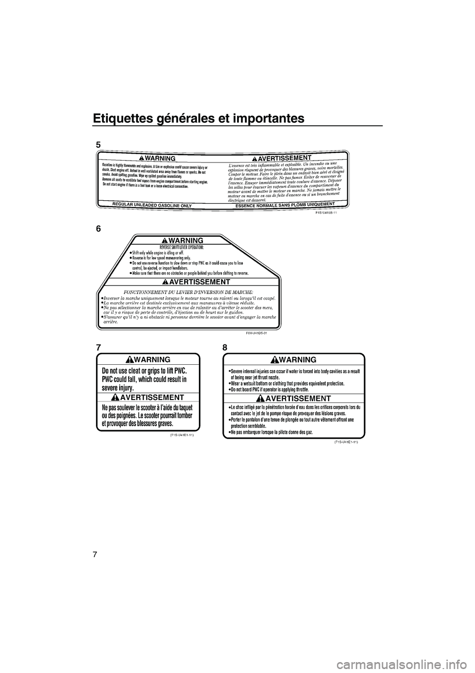 YAMAHA SVHO 2010  Notices Demploi (in French) Etiquettes générales et importantes
7
UF1W72F0.book  Page 7  Friday, June 19, 2009  7:08 PM 