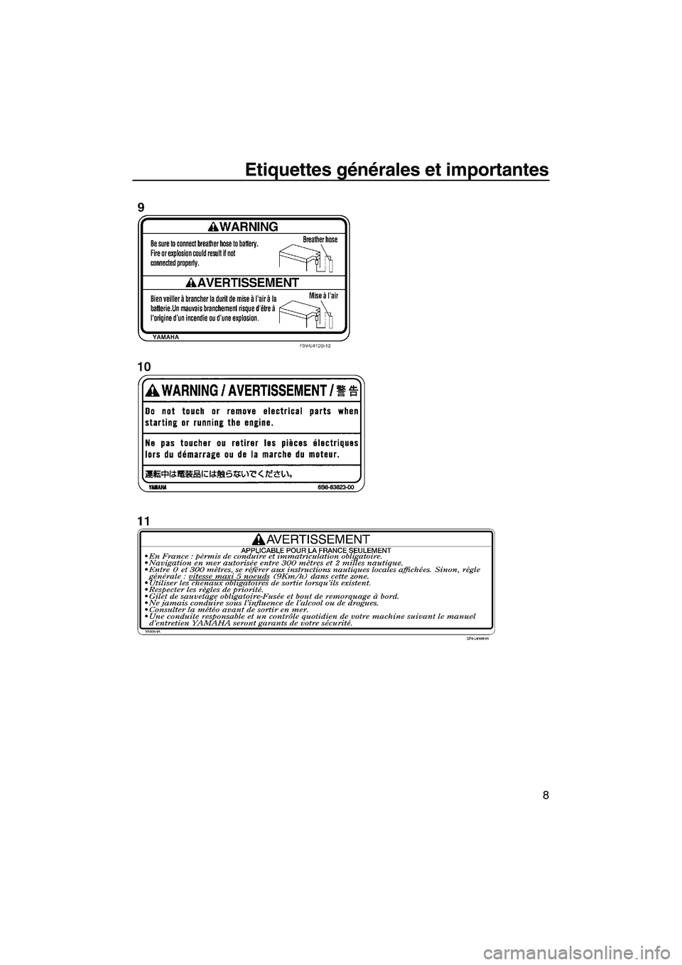 YAMAHA SVHO 2010  Notices Demploi (in French) Etiquettes générales et importantes
8
UF1W72F0.book  Page 8  Friday, June 19, 2009  7:08 PM 