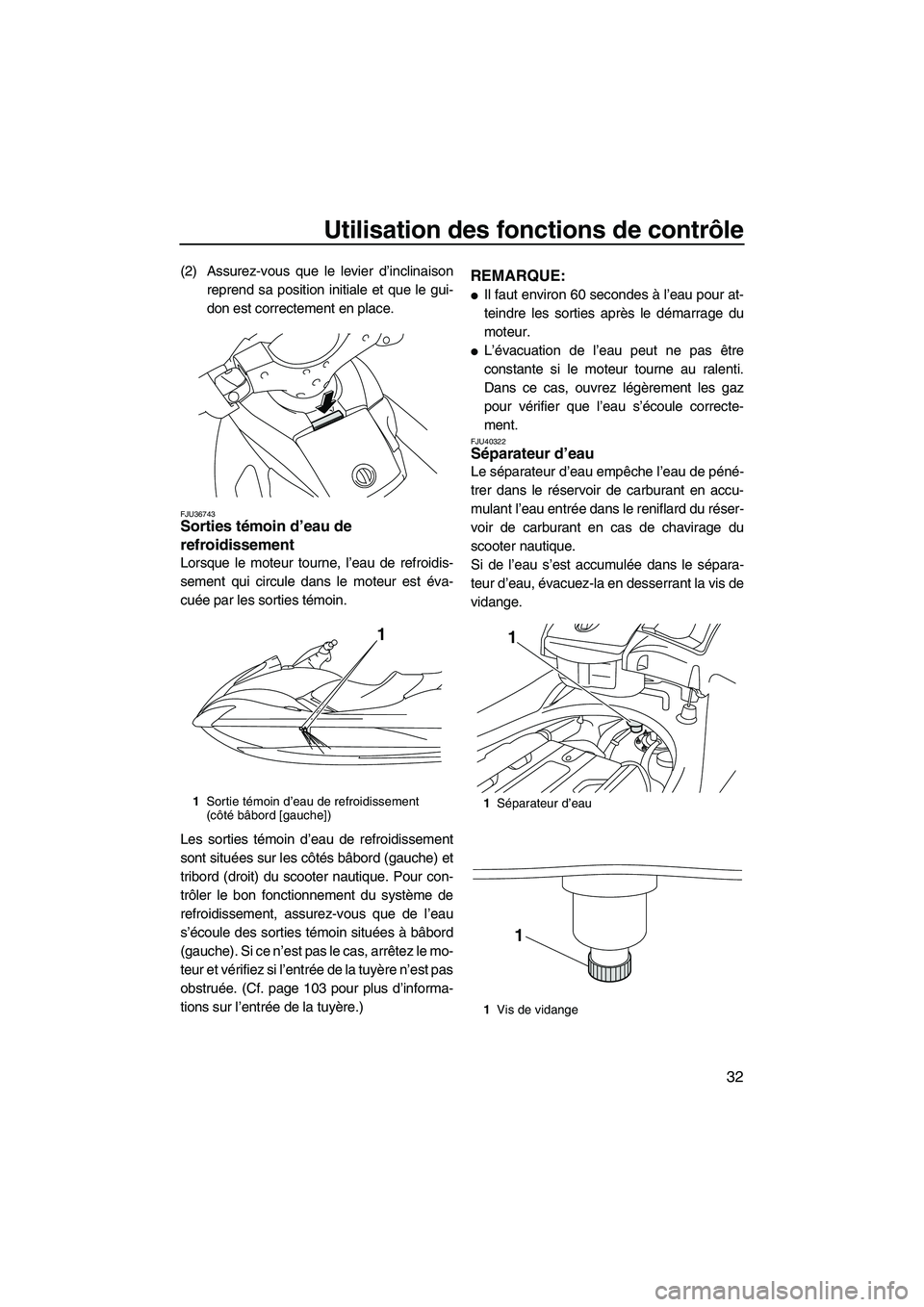YAMAHA SVHO 2010  Notices Demploi (in French) Utilisation des fonctions de contrôle
32
(2) Assurez-vous que le levier d’inclinaison
reprend sa position initiale et que le gui-
don est correctement en place.
FJU36743Sorties témoin d’eau de 
