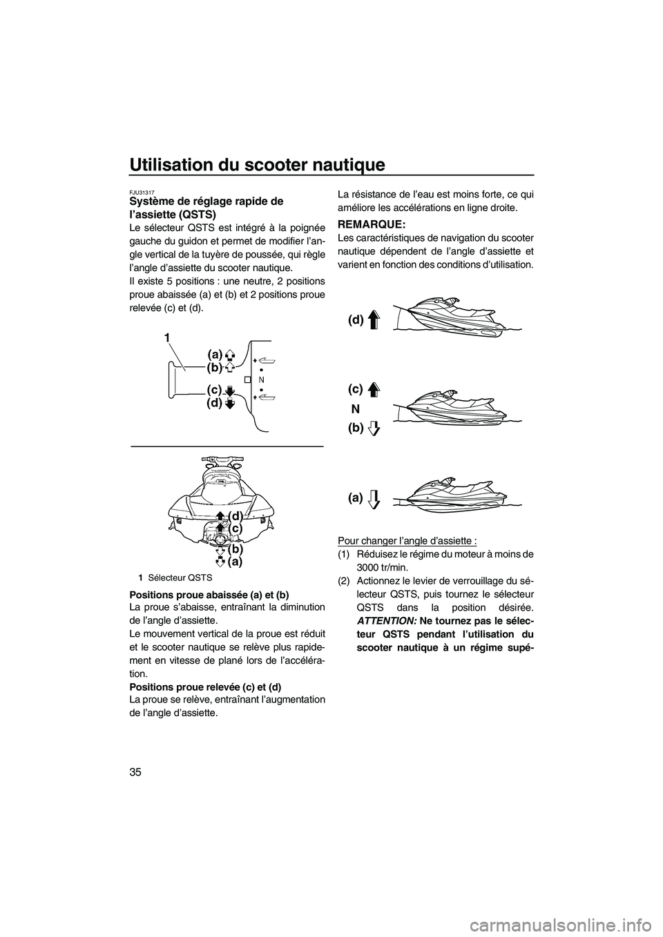 YAMAHA SVHO 2010  Notices Demploi (in French) Utilisation du scooter nautique
35
FJU31317Système de réglage rapide de 
l’assiette (QSTS) 
Le sélecteur QSTS est intégré à la poignée
gauche du guidon et permet de modifier l’an-
gle verti