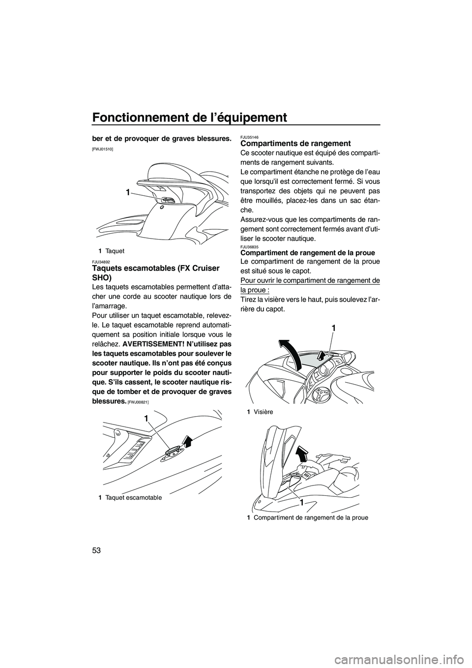 YAMAHA SVHO 2010  Notices Demploi (in French) Fonctionnement de l’équipement
53
ber et de provoquer de graves blessures.
[FWJ01510]
FJU34892
Taquets escamotables (FX Cruiser 
SHO) 
Les taquets escamotables permettent d’atta-
cher une corde a