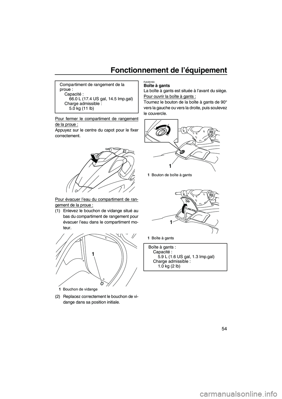 YAMAHA SVHO 2010  Notices Demploi (in French) Fonctionnement de l’équipement
54
Pour fermer le compartiment de rangement
de la proue :
Appuyez sur le centre du capot pour le fixer
correctement.
Pour évacuer l’eau du compartiment de ran-
gem