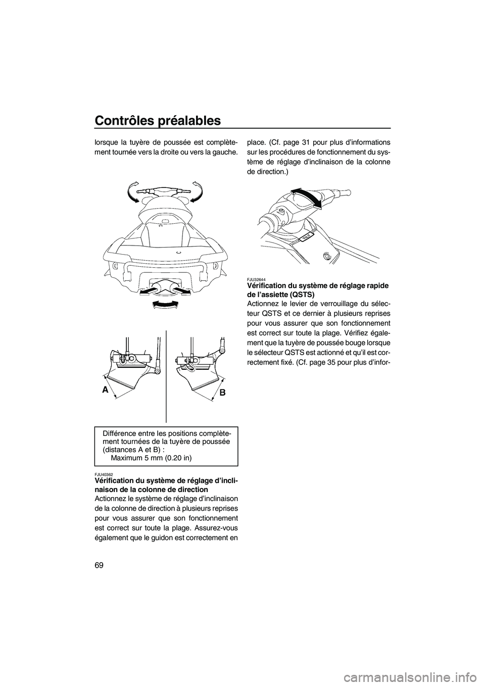 YAMAHA SVHO 2010 Notices Demploi (in French) Contrôles préalables
69
lorsque la tuyère de poussée est complète-
ment tournée vers la droite ou vers la gauche.
FJU40362Vérification du système de réglage d’incli-
naison de la colonne de YAMAHA SVHO 2010 Notices Demploi (in French) Contrôles préalables
69
lorsque la tuyère de poussée est complète-
ment tournée vers la droite ou vers la gauche.
FJU40362Vérification du système de réglage d’incli-
naison de la colonne de