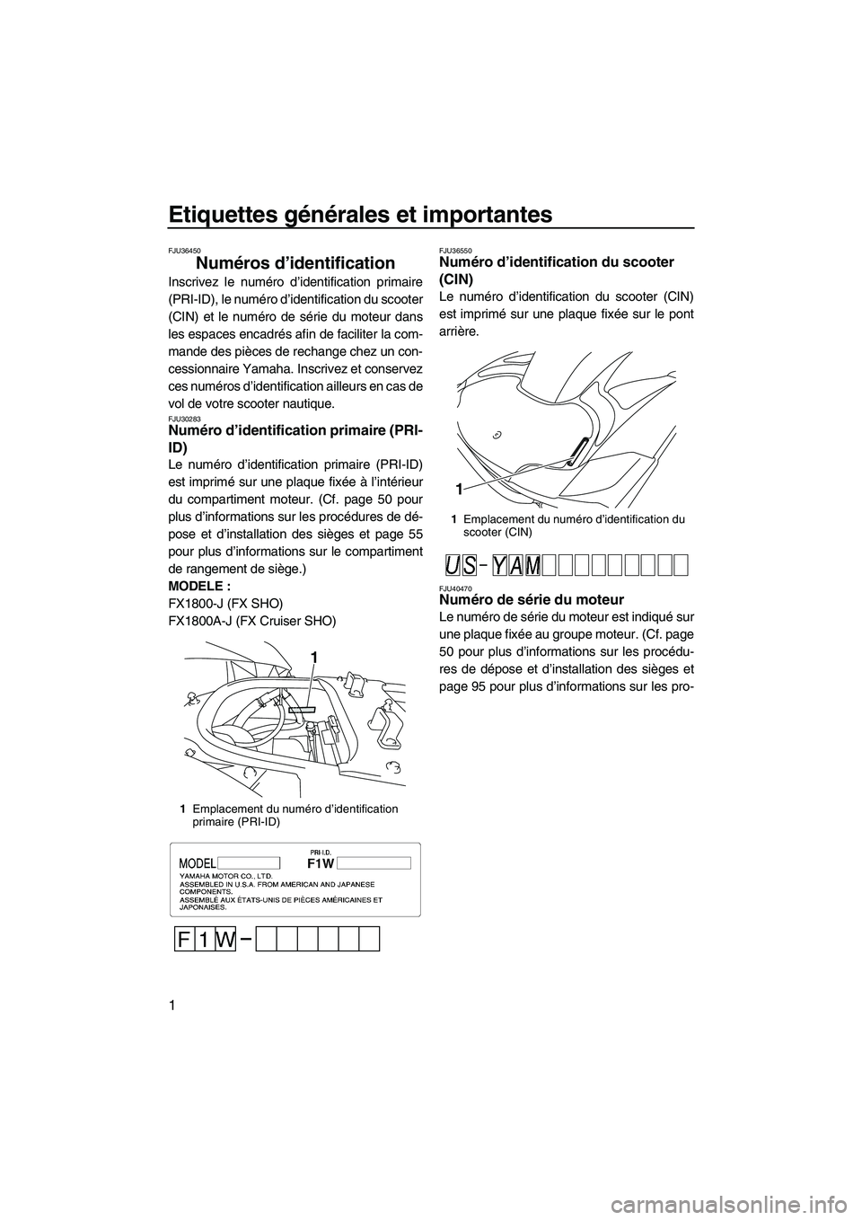 YAMAHA FX SHO 2010 Notices Demploi (in French) Etiquettes générales et importantes
1
FJU36450
Numéros d’identification
Inscrivez le numéro d’identification primaire
(PRI-ID), le numéro d’identification du scooter
(CIN) et le numéro de YAMAHA FX SHO 2010 Notices Demploi (in French) Etiquettes générales et importantes
1
FJU36450
Numéros d’identification
Inscrivez le numéro d’identification primaire
(PRI-ID), le numéro d’identification du scooter
(CIN) et le numéro de