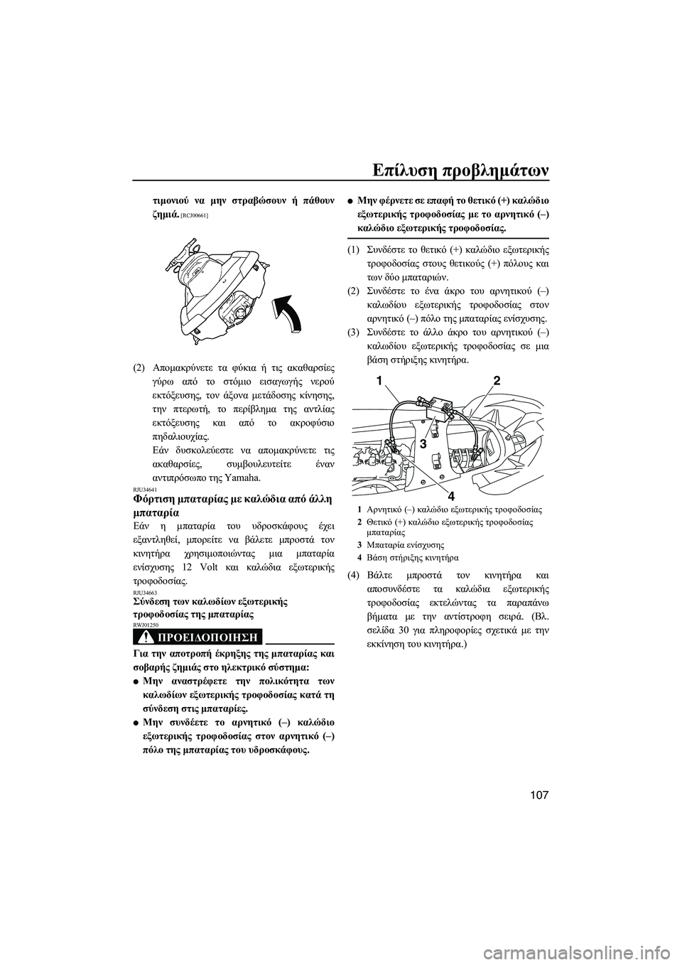 YAMAHA FX SHO 2010  ΟΔΗΓΌΣ ΧΡΉΣΗΣ (in Greek) Επίλυση προβληµάτων
107
τιµονιού να µην στραβώσουν ή πάθουν
ζηµιά.
 [RCJ00661]
(2)Αποµακρύνετε τα φύκια ή τις ακαθαρσ