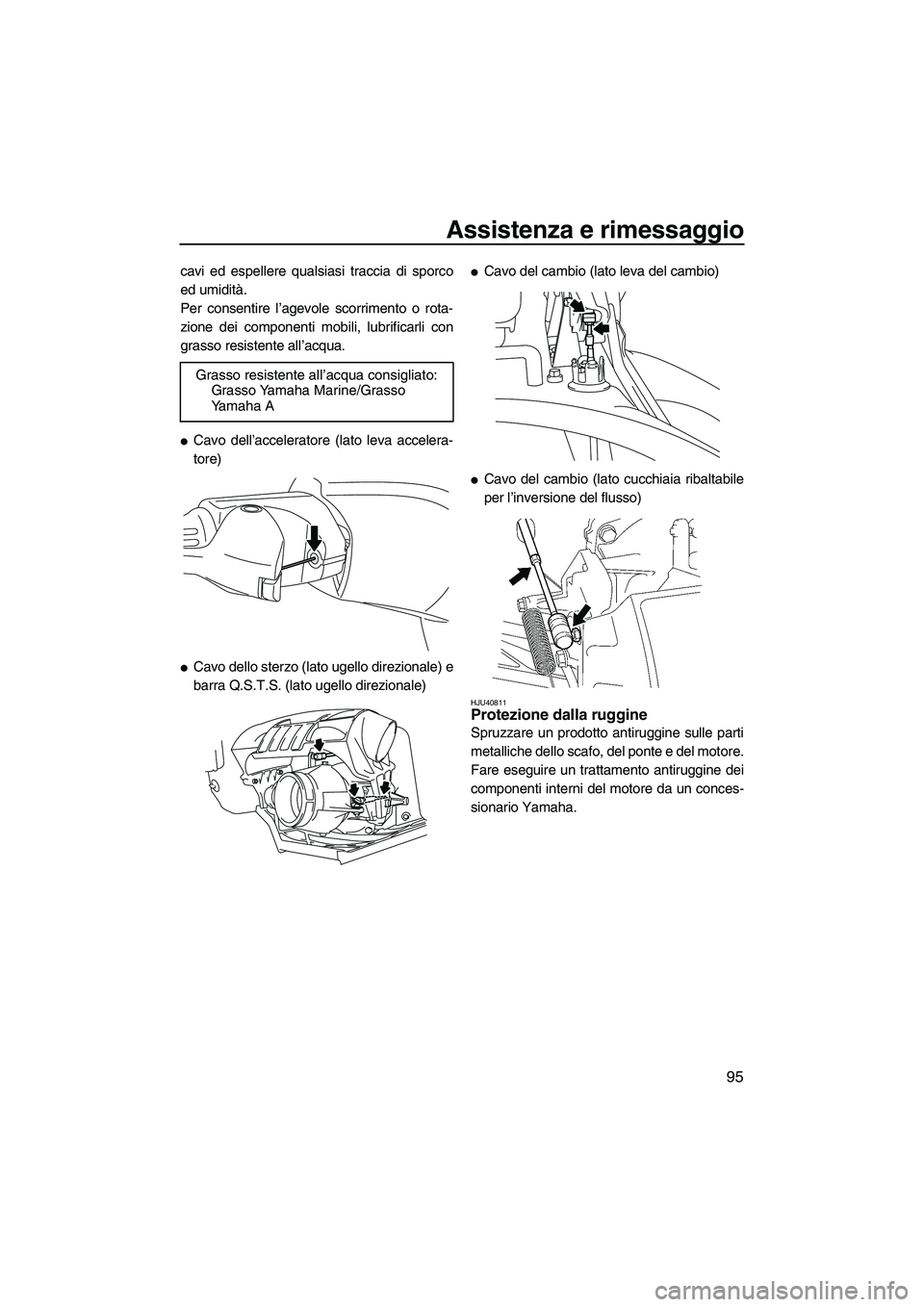 YAMAHA FX SHO 2010 Manuale duso (in Italian) Assistenza e rimessaggio
95
cavi ed espellere qualsiasi traccia di sporco
ed umidità.
Per consentire l’agevole scorrimento o rota-
zione dei componenti mobili, lubrificarli con
grasso resistente al YAMAHA FX SHO 2010 Manuale duso (in Italian) Assistenza e rimessaggio
95
cavi ed espellere qualsiasi traccia di sporco
ed umidità.
Per consentire l’agevole scorrimento o rota-
zione dei componenti mobili, lubrificarli con
grasso resistente al