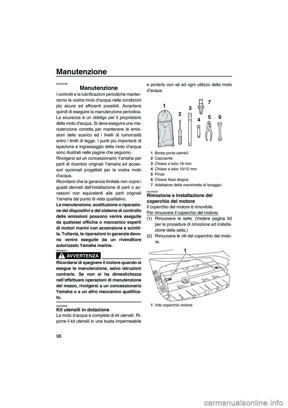 YAMAHA FX SHO 2010 Manuale duso (in Italian) Manutenzione
96
HJU33768
Manutenzione
I controlli e le lubrificazioni periodiche manter-
ranno la vostra moto d’acqua nelle condizioni
più sicure ed efficienti possibili. Accertarsi
quindi di eseg YAMAHA FX SHO 2010 Manuale duso (in Italian) Manutenzione
96
HJU33768
Manutenzione
I controlli e le lubrificazioni periodiche manter-
ranno la vostra moto d’acqua nelle condizioni
più sicure ed efficienti possibili. Accertarsi
quindi di eseg