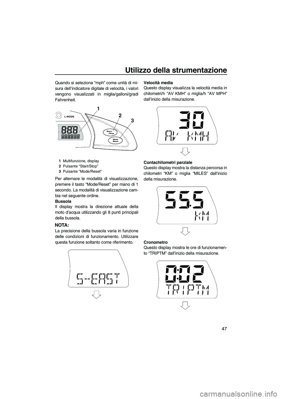 YAMAHA FX SHO 2010 Manuale duso (in Italian) Utilizzo della strumentazione
47
Quando si seleziona “mph” come unità di mi-
sura dell’indicatore digitale di velocità, i valori
vengono visualizzati in miglia/galloni/gradi
Fahrenheit.
Per al YAMAHA FX SHO 2010 Manuale duso (in Italian) Utilizzo della strumentazione
47
Quando si seleziona “mph” come unità di mi-
sura dell’indicatore digitale di velocità, i valori
vengono visualizzati in miglia/galloni/gradi
Fahrenheit.
Per al