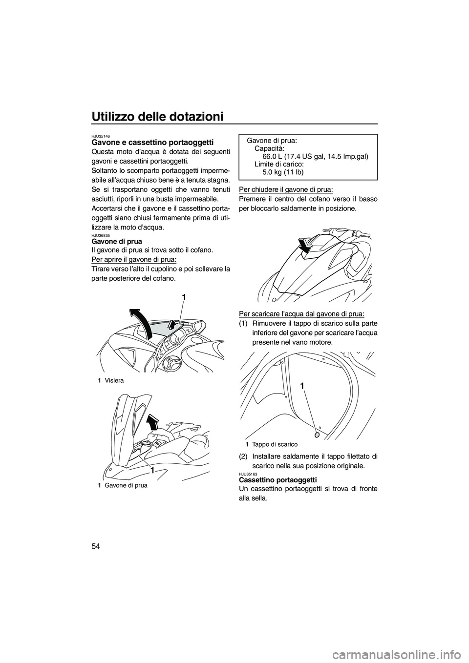 YAMAHA FX SHO 2010  Manuale duso (in Italian) Utilizzo delle dotazioni
54
HJU35146Gavone e cassettino portaoggetti 
Questa moto d’acqua è dotata dei seguenti
gavoni e cassettini portaoggetti.
Soltanto lo scomparto portaoggetti imperme-
abile a
