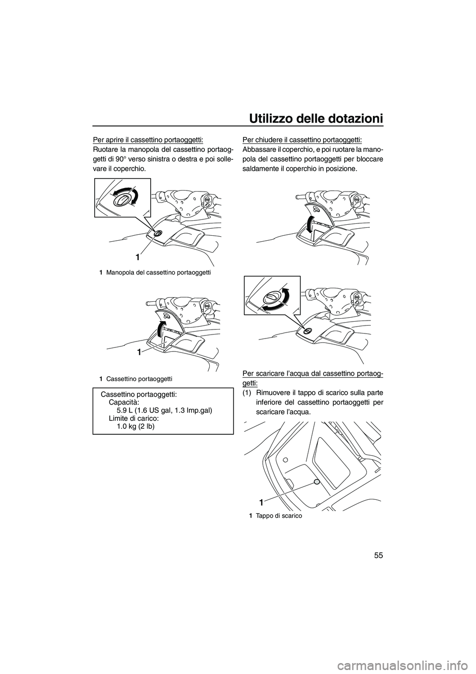 YAMAHA FX SHO 2010  Manuale duso (in Italian) Utilizzo delle dotazioni
55
Per aprire il cassettino portaoggetti:
Ruotare la manopola del cassettino portaog-
getti di 90° verso sinistra o destra e poi solle-
vare il coperchio.Per chiudere il cass