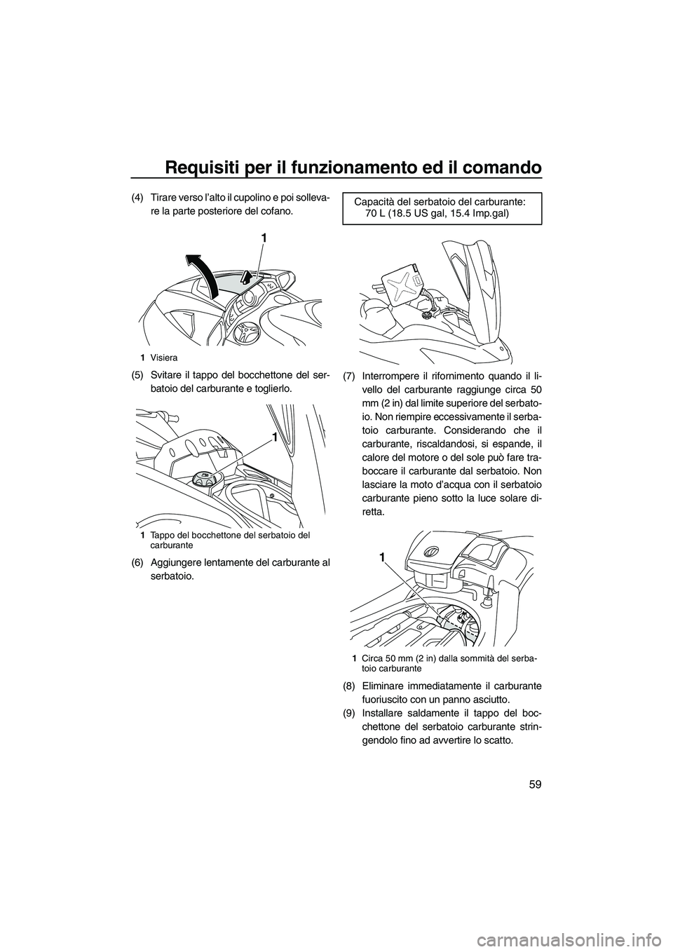 YAMAHA FX SHO 2010  Manuale duso (in Italian) Requisiti per il funzionamento ed il comando
59
(4) Tirare verso l’alto il cupolino e poi solleva-
re la parte posteriore del cofano.
(5) Svitare il tappo del bocchettone del ser-
batoio del carbura