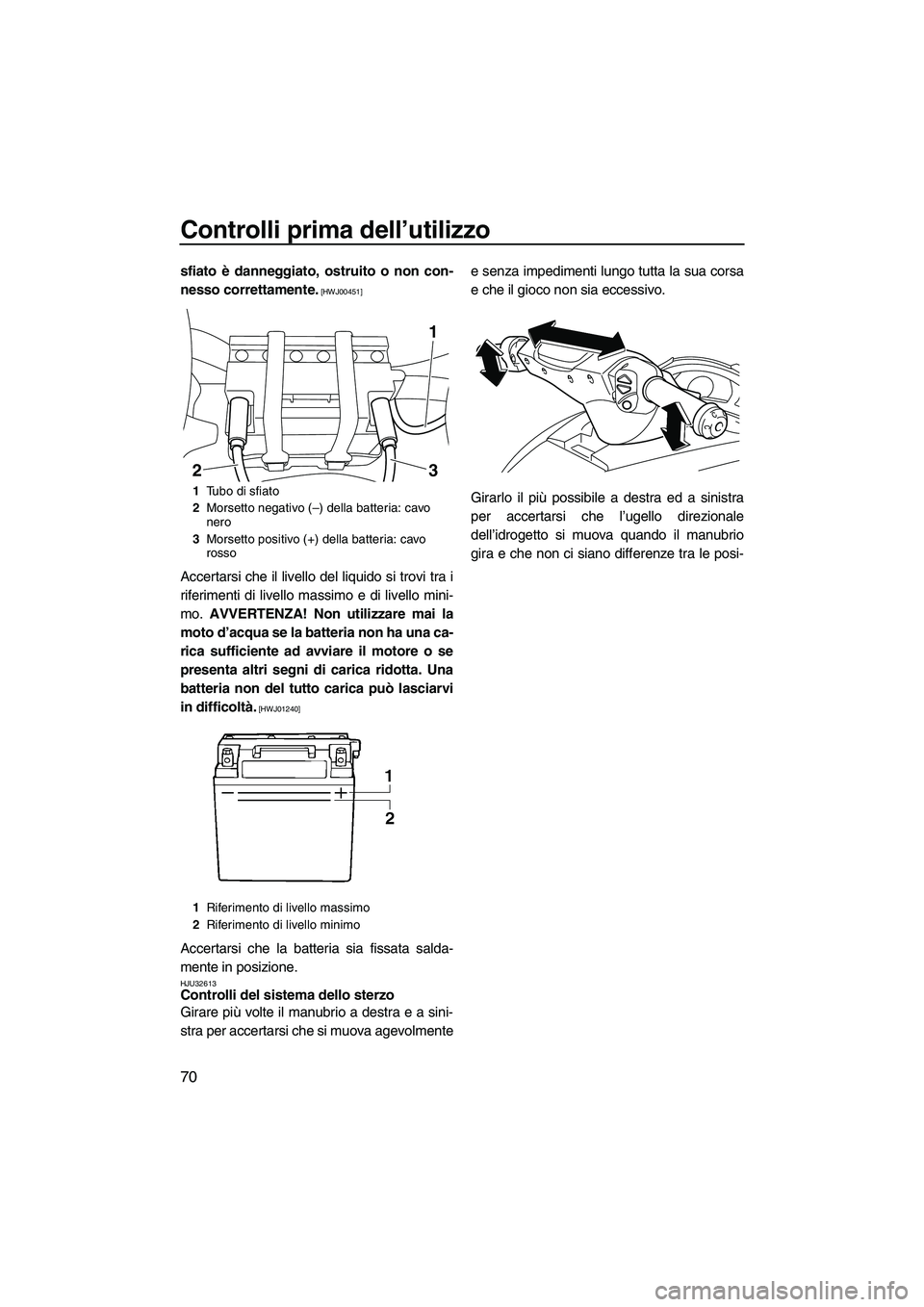 YAMAHA FX SHO 2010  Manuale duso (in Italian) Controlli prima dell’utilizzo
70
sfiato è danneggiato, ostruito o non con-
nesso correttamente.
 [HWJ00451]
Accertarsi che il livello del liquido si trovi tra i
riferimenti di livello massimo e di 