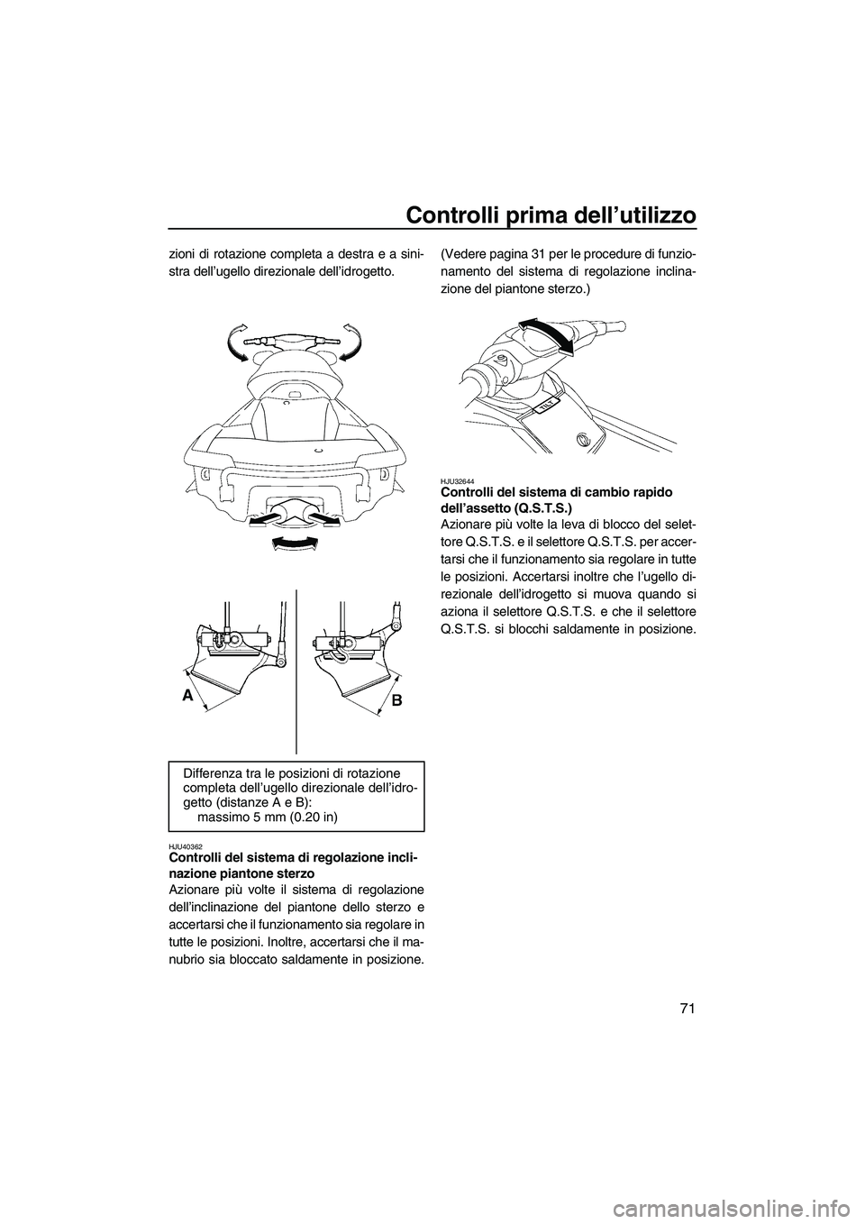 YAMAHA FX SHO 2010 Manuale duso (in Italian) Controlli prima dell’utilizzo
71
zioni di rotazione completa a destra e a sini-
stra dell’ugello direzionale dell’idrogetto.
HJU40362Controlli del sistema di regolazione incli-
nazione piantone YAMAHA FX SHO 2010 Manuale duso (in Italian) Controlli prima dell’utilizzo
71
zioni di rotazione completa a destra e a sini-
stra dell’ugello direzionale dell’idrogetto.
HJU40362Controlli del sistema di regolazione incli-
nazione piantone