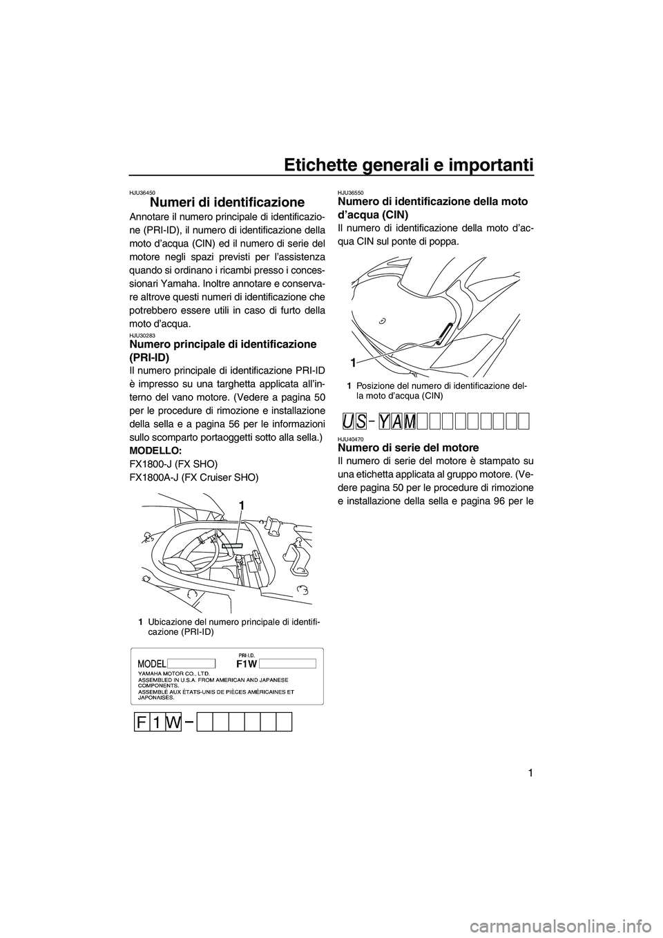 YAMAHA FX SHO 2010  Manuale duso (in Italian) Etichette generali e importanti
1
HJU36450
Numeri di identificazione 
Annotare il numero principale di identificazio-
ne (PRI-ID), il numero di identificazione della
moto d’acqua (CIN) ed il numero 