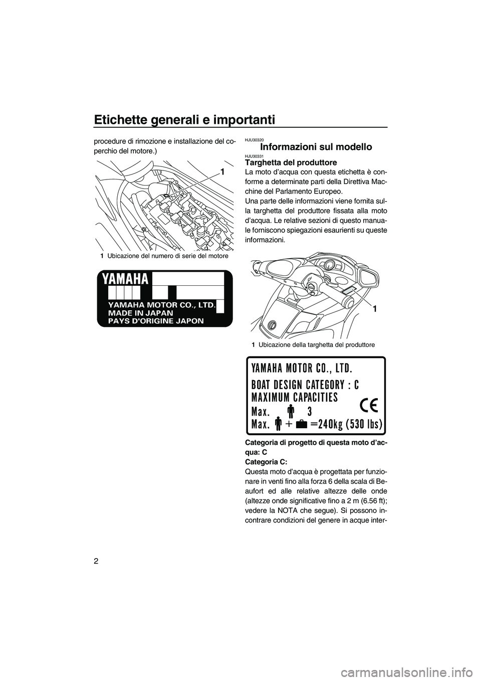 YAMAHA SVHO 2010 Manuale duso (in Italian) Etichette generali e importanti
2
procedure di rimozione e installazione del co-
perchio del motore.)HJU30320
Informazioni sul modello HJU30331Targhetta del produttore
La moto d’acqua con questa et YAMAHA SVHO 2010 Manuale duso (in Italian) Etichette generali e importanti
2
procedure di rimozione e installazione del co-
perchio del motore.)HJU30320
Informazioni sul modello HJU30331Targhetta del produttore
La moto d’acqua con questa et