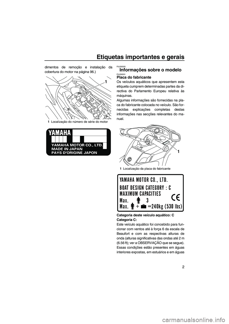 YAMAHA FX SHO 2010  Manual de utilização (in Portuguese) Etiquetas importantes e gerais
2
dimentos de remoção e instalação da
cobertura do motor na página 96.)PJU30320
Informações sobre o modelo PJU30331Placa do fabricante 
Os veículos aquáticos qu