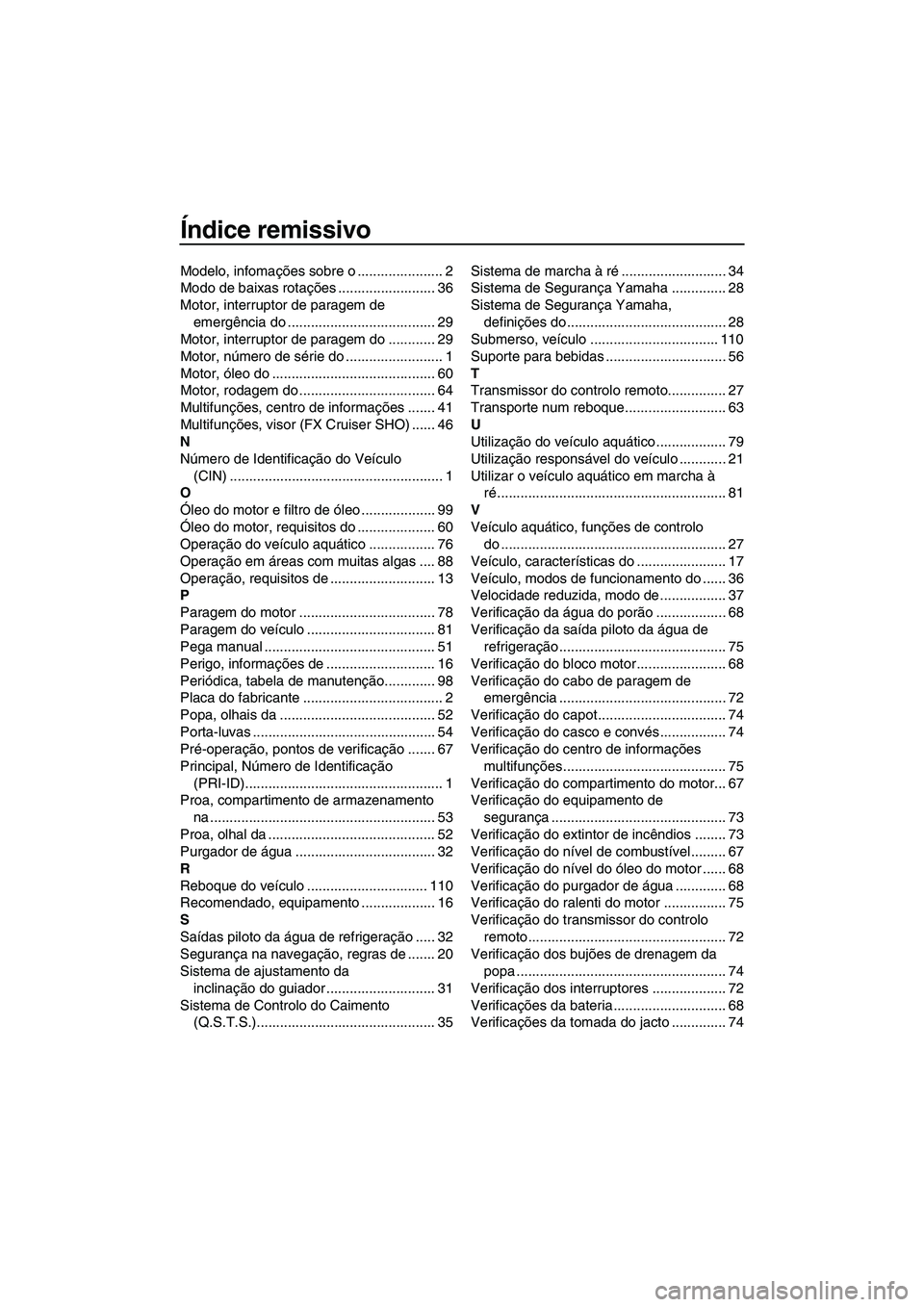 YAMAHA FX SHO 2010 Manual de utilização (in Portuguese) Índice remissivo
Modelo, infomações sobre o ...................... 2
Modo de baixas rotações ......................... 36
Motor, interruptor de paragem de
emergência do ........................ YAMAHA FX SHO 2010 Manual de utilização (in Portuguese) Índice remissivo
Modelo, infomações sobre o ...................... 2
Modo de baixas rotações ......................... 36
Motor, interruptor de paragem de
emergência do ........................