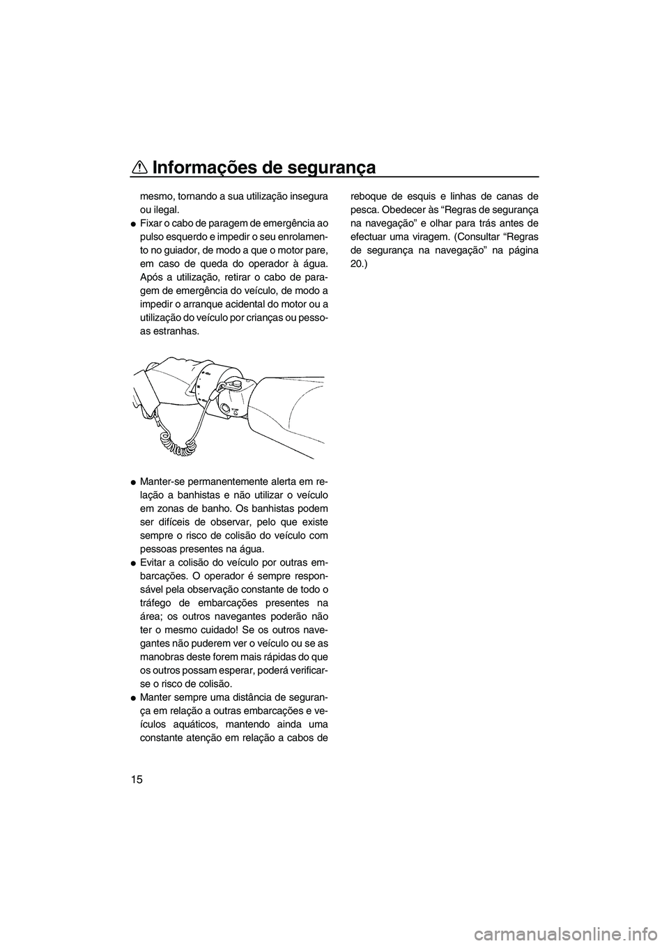 YAMAHA FX SHO 2010  Manual de utilização (in Portuguese) Informações de segurança
15
mesmo, tornando a sua utilização insegura
ou ilegal.
Fixar o cabo de paragem de emergência ao
pulso esquerdo e impedir o seu enrolamen-
to no guiador, de modo a que 