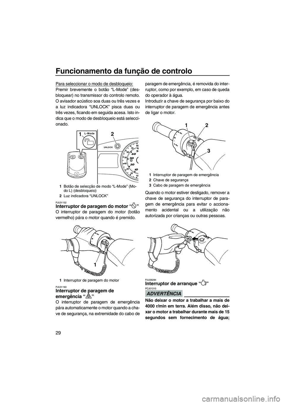 YAMAHA FX SHO 2010  Manual de utilização (in Portuguese) Funcionamento da função de controlo
29
Para seleccionar o modo de desbloqueio:
Premir brevemente o botão “L-Mode” (des-
bloquear) no transmissor do controlo remoto.
O avisador acústico soa dua