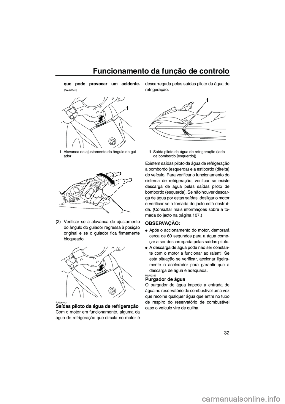 YAMAHA FX SHO 2010  Manual de utilização (in Portuguese) Funcionamento da função de controlo
32
que pode provocar um acidente.
[PWJ00041]
(2) Verificar se a alavanca de ajustamento
do ângulo do guiador regressa à posição
original e se o guiador fica f