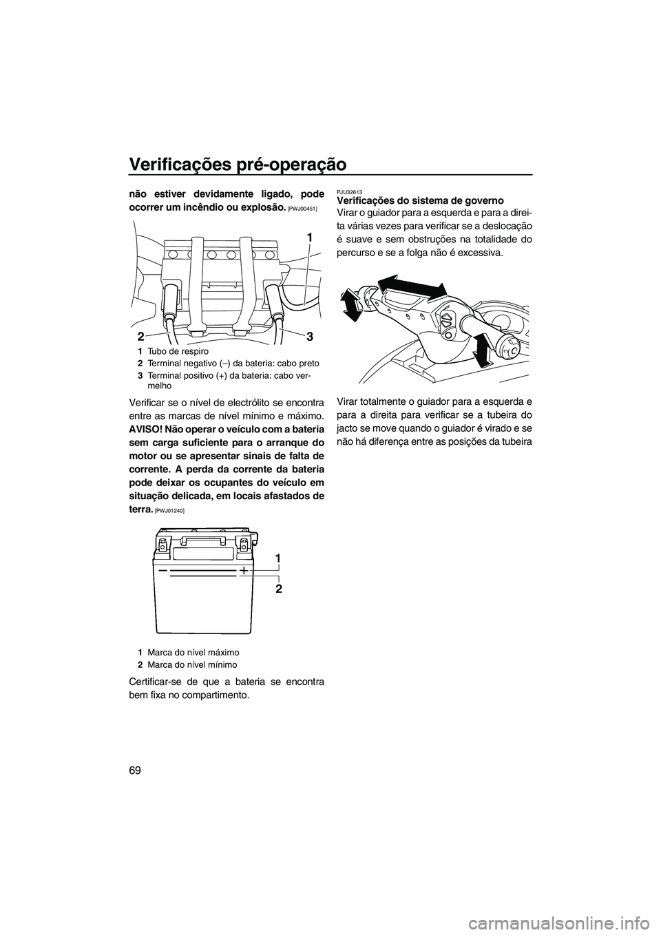 YAMAHA FX SHO 2010  Manual de utilização (in Portuguese) Verificações pré-operação
69
não estiver devidamente ligado, pode
ocorrer um incêndio ou explosão.
 [PWJ00451]
Verificar se o nível de electrólito se encontra
entre as marcas de nível míni