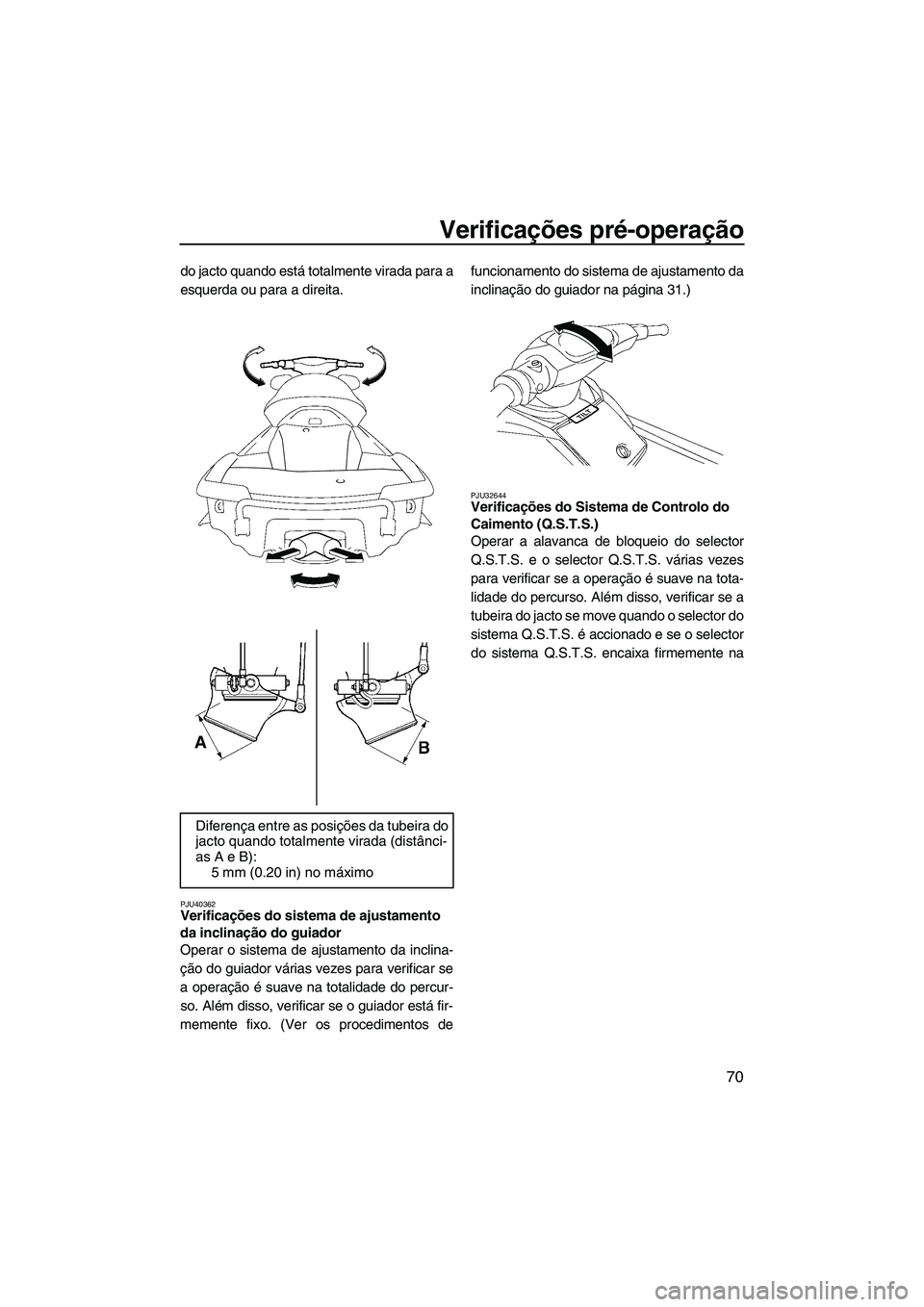 YAMAHA FX SHO 2010 Manual de utilização (in Portuguese) Verificações pré-operação
70
do jacto quando está totalmente virada para a
esquerda ou para a direita.
PJU40362Verificações do sistema de ajustamento
da inclinação do guiador
Operar o sist YAMAHA FX SHO 2010 Manual de utilização (in Portuguese) Verificações pré-operação
70
do jacto quando está totalmente virada para a
esquerda ou para a direita.
PJU40362Verificações do sistema de ajustamento
da inclinação do guiador
Operar o sist