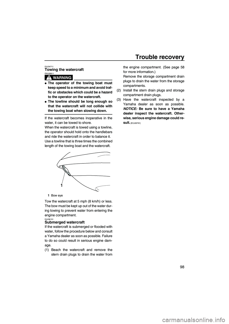 YAMAHA FX SHO 2009  Owners Manual Trouble recovery
98
EJU34711Towing the watercraft 
WARNING
EWJ00811
The operator of the towing boat must
keep speed to a minimum and avoid traf-
fic or obstacles which could be a hazard
to the operat